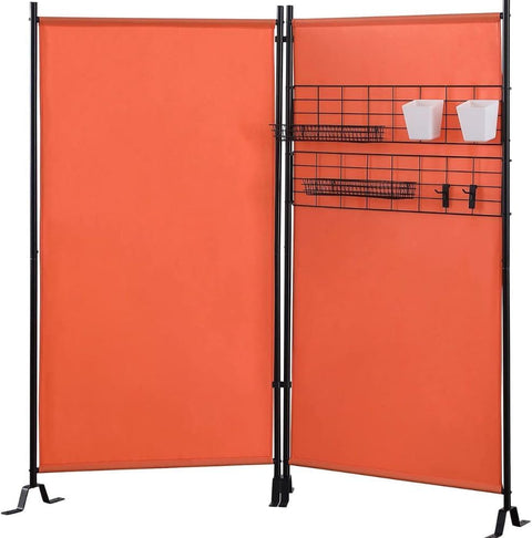 Oakestry Galaxy II 2-Panel Room Divider with Storage Rack Privacy Screen Folding Partition with Wire Nets Plastic Bins Peg Hooks Wire Tray Baskets Space-Saving Organizer for Home Office, Orange