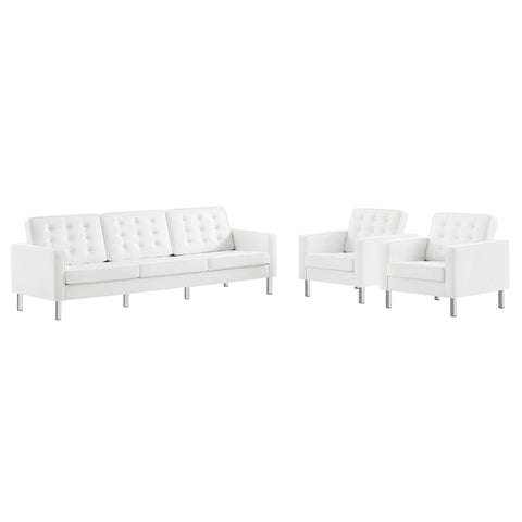 Oakestry Luxury Inspired Loft 3 Piece Tufted Upholstered Faux Leather Set Comfortable Indoor Furniture for Living Room Apartment Lounge Reception Area Refined Everyday Styling