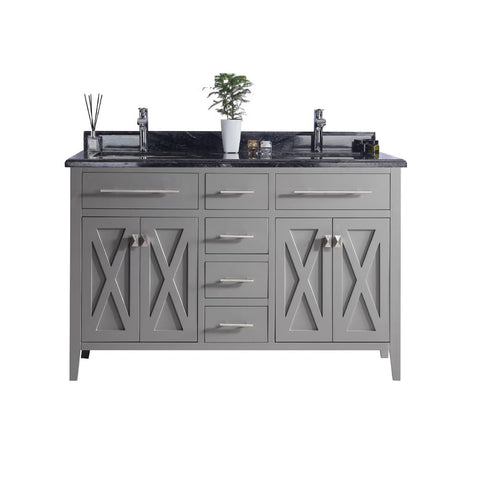 Oakestry Wimbledon 60" Grey Double Sink Bathroom Vanity with Black Wood Marble Countertop – Solid Oak, Soft-Close Doors & Drawers, Pre-Assembled