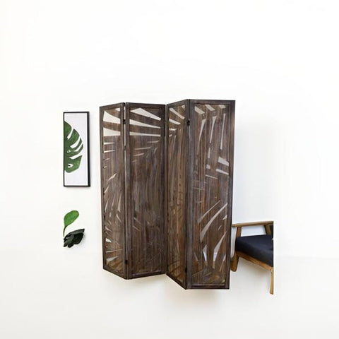 Oakestry Palm Spring Wooden Room Divider Folding Privacy Screen with Palm Leaf Design Freestanding Partition Space-Saving Decorative Panel for Home Office Bedroom Living Room, Smoked Brown