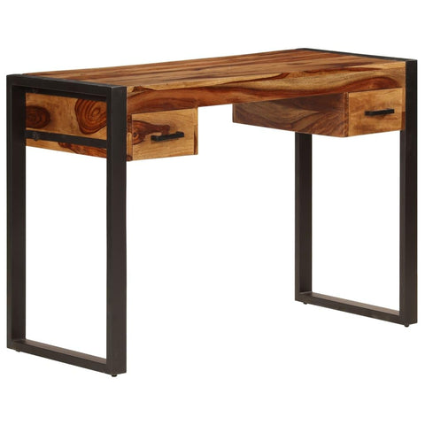 Oakestry Solid Acacia Wood Desk with 2 Drawers, Industrial Brown Study Table with Steel Frame 43.3 x 19.7 in