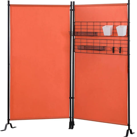 Oakestry Galaxy II Room Divider 2-Panel 36 Inch Privacy Partition with Accessory Rack Featuring Wire Nets Plastic Bins Peg Hooks Tray Baskets for Home Office, Orange