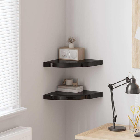 Oakestry Floating Corner Shelves 2 pcs High Gloss Black 13.8 inches x13.8 inches x1.5 inches MDF Premium Contemporary Organizer
