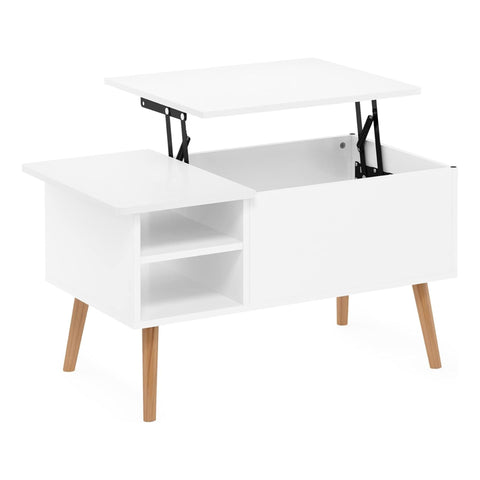 Oakestry Jensen Lift Top Coffee Table Solid White Wooden Legs Living Room Center Furniture Hidden Compartment Side Open Shelf Modern Storage Design