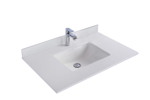 Oakestry Thirty-Six Inch White Quartz Countertop with Integrated Rectangular Sink and Pre-Drilled Single Hole, Premium Modern Design