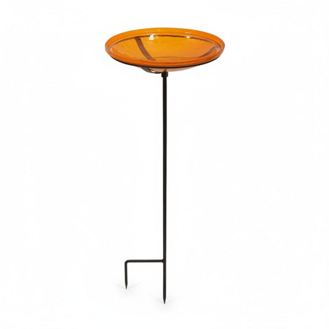 Oakestry 14" Mandarin Orange Crackle Glass Birdbath with Wrought Iron Cradle & Garden Stake, Outdoor Bird Bath for Yard, Garden Beds, Patio