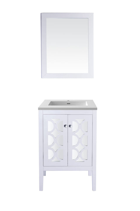 Oakestry Mediterraneo 24 Inch White Bathroom Vanity Matte White Viva Stone Solid Surface Countertop Modern Single Sink Freestanding Storage Soft Close Doors Compact Washroom Cabinet