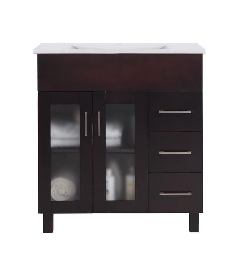 Oakestry Nova 32 Inch Brown Bathroom Vanity White Ceramic Basin Countertop Modern Single Sink Freestanding Storage Soft Close Doors Designer Washroom Cabinet