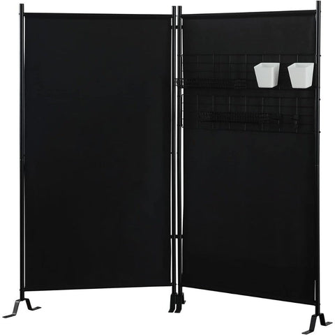 Oakestry Galaxy II Room Divider 2-Panel 36 Inch Privacy Partition with Accessory Rack Featuring Wire Nets Plastic Bins Peg Hooks Tray Baskets for Home Office, Black
