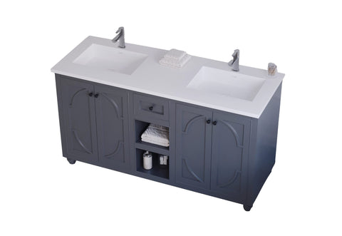 Oakestry Odyssey 60 Inch Maple Grey Double Sink Bathroom Vanity Matte White Viva Stone Solid Surface Countertop Freestanding Modern Storage Cabinet Soft Close Doors Luxury Washroom Furniture