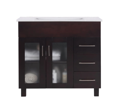 Oakestry Nova 36 Inch Brown Bathroom Vanity Single Sink White Ceramic Basin Countertop Freestanding Modern Storage Cabinet Soft Close Doors Large Washroom Furniture
