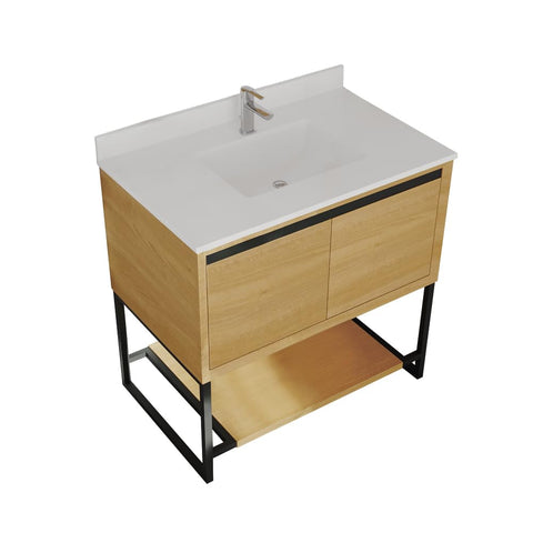 Oakestry Alto 36 Inch Bathroom Vanity California White Oak Cabinet White Quartz Countertop Modern Single Sink Freestanding Storage Soft Close Doors Washroom