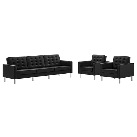 Oakestry Luxury Inspired Loft 3 Piece Tufted Upholstered Faux Leather Set Comfortable Indoor Furniture for Living Room Apartment Lounge Reception Area Everyday Premium Styling