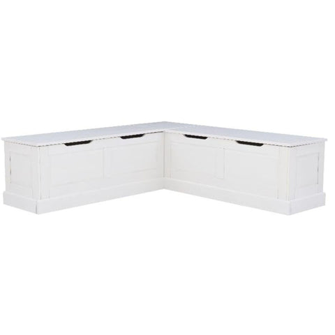 Oakestry White Solid Pine L-Shaped Breakfast Nook with Hidden Storage, Backless Corner Bench, Built-in Look Seating, Includes 5-Piece Cushion & Pillow Set for Cozy Kitchen or Dining Spaces (Blue)