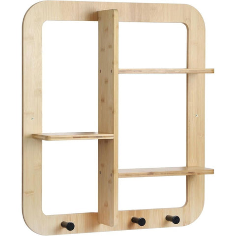 Oakestry Wall Mounted Bamboo Floating Shelves with Hooks Multipurpose Storage Rack for Books Décor Bathroom Essentials Entryway Organizer for Clothes, Hats, Bags, and Accessories, Natural Wood