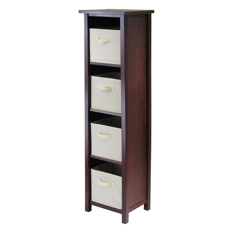 Oakestry Verona 4 Section Storage Shelf with 4 Foldable Beige Fabric Baskets Durable Wood Organizer for Bedroom Living Room Entryway Closet Home Storage Unit