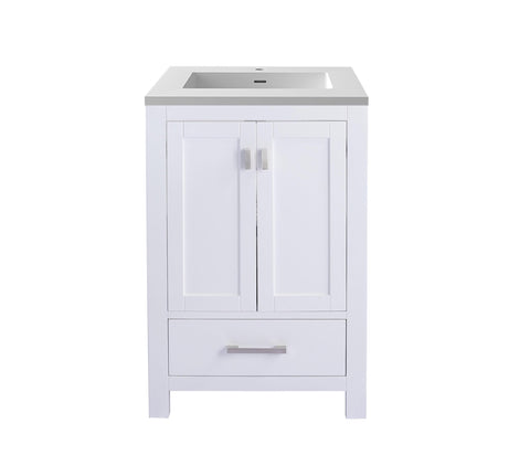 Oakestry Wilson Collection Solid Oak Bathroom Vanity with Integrated Sink, Soft Close Doors & Drawer, 4 Built-in Outlets, Matte White Solid Surface Top