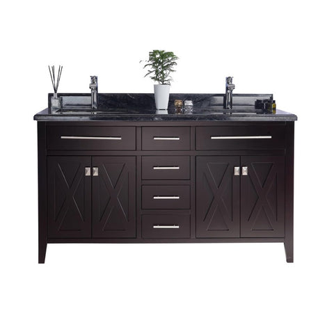 Oakestry Wimbledon 60" Brown Double Sink Bathroom Vanity with Black Wood Marble Countertop – Solid Oak, Soft-Close Doors & Drawers, Pre-Assembled