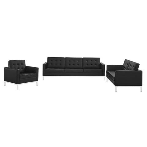 Oakestry Luxury Inspired Loft Tufted Upholstered Faux Leather 3 Piece Set Comfortable Indoor Furniture for Living Room Apartment Lounge Reception Area Premium Everyday Styling