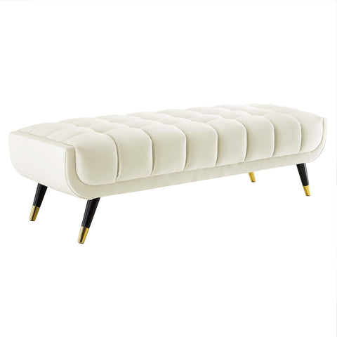 Oakestry Adept 60" Performance Velvet Bench, Mid-Century Modern Upholstered Accent Bench with Birchwood Frame and Gold Metal Accents, Ivory