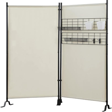 Oakestry Galaxy II 2-Panel Room Divider with Storage Rack Privacy Screen Folding Partition with Wire Nets Plastic Bins Peg Hooks Wire Tray Baskets Space-Saving Organizer for Home Office, Beige