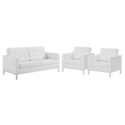 Oakestry Luxury Inspired Loft 3 Piece Tufted Upholstered Faux Leather Set Comfortable Indoor Furniture for Living Room Apartment Lounge Reception Area Premium Daily Styling