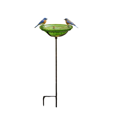 Oakestry 12" Fern Green Crackled Glass Birdbath with Stake & Cradle, Hand-Blown Glass Garden Bird Bath with Wrought Iron Stand Outdoor Décor