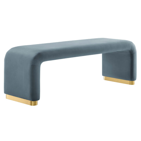 Oakestry Koda Performance Velvet Waterfall Long Bench, Modern Upholstered Entryway and Living Room Accent Bench, Brass Cadet Blue