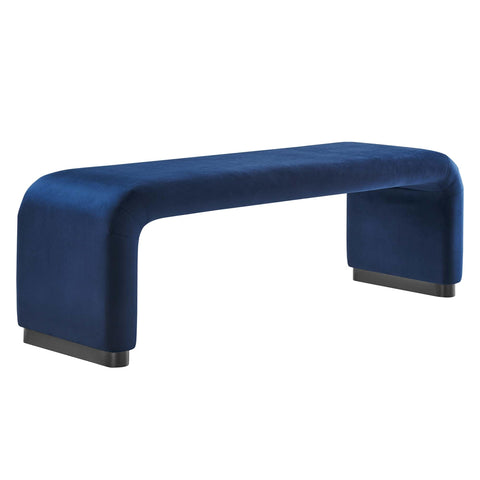Oakestry Koda Performance Velvet Waterfall Long Bench, Modern Upholstered Entryway and Living Room Accent Bench, Black Midnight Blue