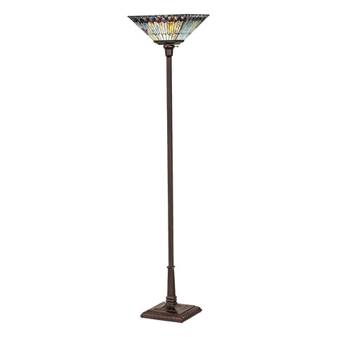 Oakestry 70Inch High Tiffany Jeweled Peacock Torchiere Elegant Floor Lamp Stained Glass Lighting Decorative Home Living Room Bedroom Office Vintage Style Durable Build Ambient Light
