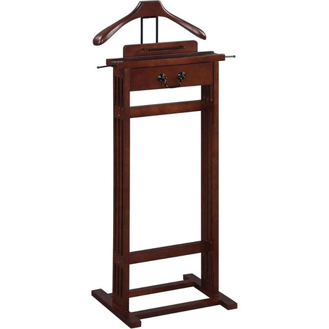 Oakestry Wooden Wardrobe Valet Stand with Drawer Hanger Elegant Clothes Organizer with Trouser Bar Belt Hooks Shoe Rack and Storage Tray for Bedroom Closet, Dark Walnut