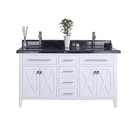 Oakestry Wimbledon 60" White Double Sink Bathroom Vanity with Black Wood Marble Countertop – Solid Oak, Soft-Close Doors & Drawers, Pre-Assembled
