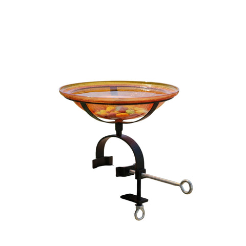 Oakestry 12" Crackle Glass Birdbath with Over Railing Bracket, Clamp-On Balcony Bird Bath, Decorative Blown Glass Bowl for Deck, Patio & Garden