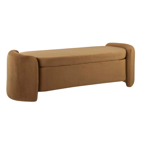 Oakestry Nebula Performance Velvet Storage Bench, Modern Upholstered Accent Bench with Hinged Storage Seat for Living Room Bedroom Entryway, Cognac