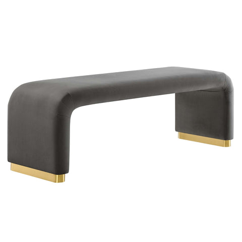 Oakestry Koda Performance Velvet Waterfall Long Bench, Modern Upholstered Entryway and Living Room Accent Bench, Brass Storm Gray
