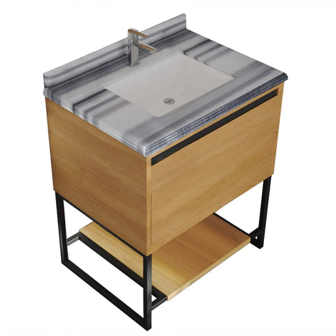 Oakestry Alto 30 Inch Bathroom Vanity California White Oak Cabinet White Stripes Marble Countertop Modern Single Sink Freestanding Storage Soft Close Doors Washroom
