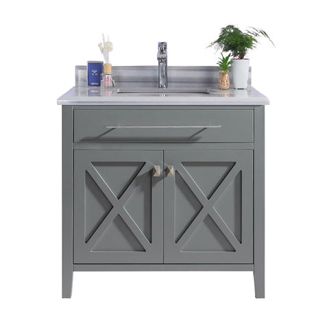Oakestry Wimbledon 36" Grey Bathroom Vanity with White Stripes Marble Countertop – Single Sink, Solid Oak, Soft-Close Doors, Pre-Assembled