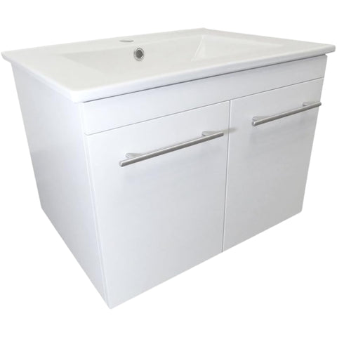 Oakestry 24.4" Wall Mount Bathroom Vanity with Integrated Ceramic Sink, Solid Birch Wood Cabinet, White Finish, Floating Design, Brushed Nickel Hardware