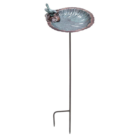 Oakestry Scallop Shell Birdbath Stake Decorative Outdoor Garden Water Bowl Coastal Inspired Design Ground Support Durable Build Backyard Garden Accent Weather Resistant Long Lasting