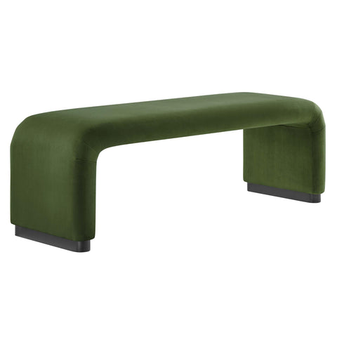 Oakestry Koda Performance Velvet Waterfall Long Bench, Modern Upholstered Entryway and Living Room Accent Bench, Black Moss Green