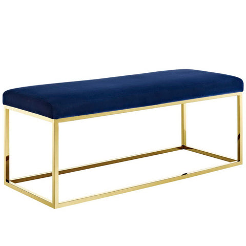 Oakestry Anticipate Fabric Bench, Navy Gold Modern Upholstered Accent Bench with Stainless Steel Base for Bedroom, Entryway & Living Room