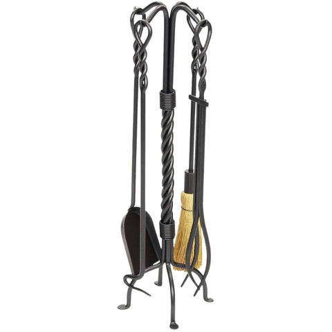 Twisted Rope Wrought Iron Fireplace Tool Set, 4-Piece with Stand, Graphite Powder-Coated Finish, 30-Inch Height