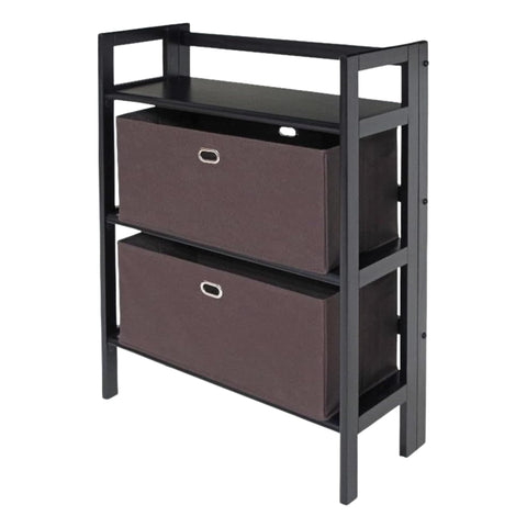 Oakestry Torino 3-Tier Foldable Wooden Bookcase with 2 Wide Chocolate Fabric Baskets, Black Finish