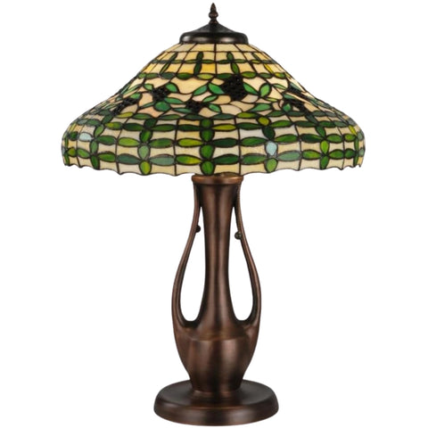 Oakestry 27" Guirnalda Tiffany Style Table Lamp, Grapes & Leaves Stained Glass Shade, Mahogany Bronze Base, Dual E26 Decorative Vintage Accent Lamp