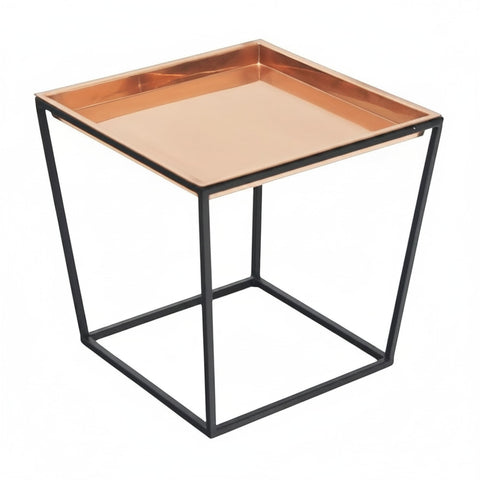 Oakestry Arne Short Plant Stand with Copper Tray, 15" Square Wrought Iron Stand Table, Scandinavian Style Indoor Outdoor Side Table & Planter Stand