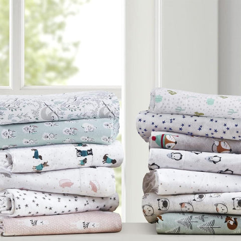 4-Piece Cozy Soft Cotton Flannel Print Animals Stars Sheet Hedgehog Pattern Set Cute Warm Luxury Soft & Breathable, Queen, Pink/Grey Hedgehogs