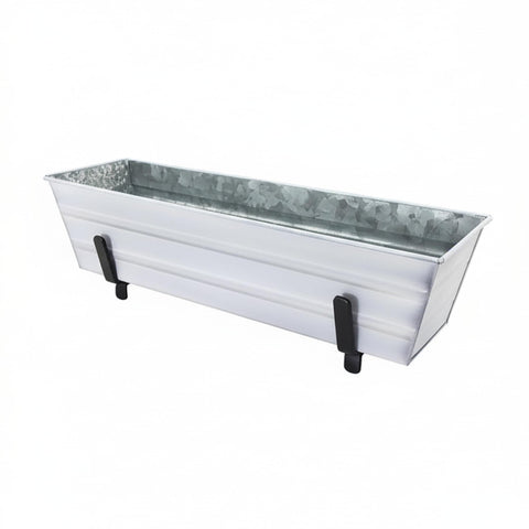 Oakestry Small Cape Cod White Flower Box Set with Rail Brackets 2 Pack Galvanized Steel Planter Holder Outdoor Balcony Garden Deck Railing Container Decorative Patio Plant Organizer Home Accessory