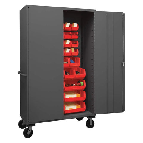 Oakestry 48 x 24 x 81 Commercial Mobile Steel Storage Cabinet 14 Gauge with 42 Red Bins Flush Locking Doors Phenolic Casters Gray