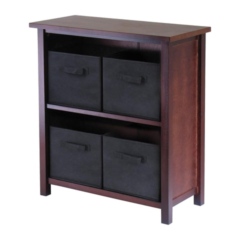 Oakestry Verona 2 Section Storage Shelf with 4 Foldable Black Fabric Baskets Compact Wood Organizer for Bedroom Living Room Entryway Closet Home Storage Unit