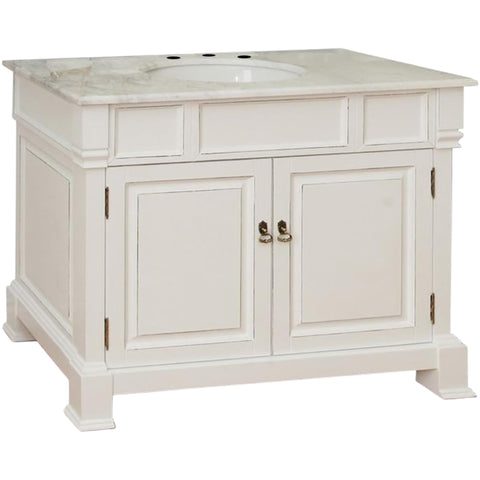 Oakestry 42" Single Sink Bathroom Vanity with White Marble Top, Solid Birch Wood Cabinet, Freestanding, White Finish, Antique Brass Hardware